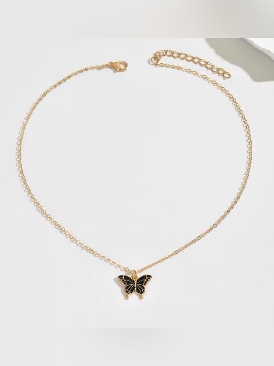Gold Butterfly Necklace with Black Enamel Charm