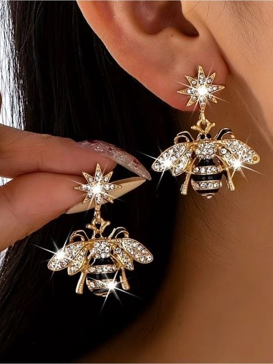 Gold Bee Drop Earrings with Black and Clear Crystal Accents