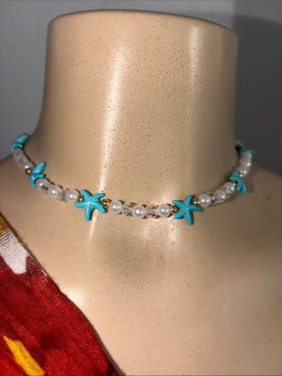 Turquoise Flower & Pearl Beaded Choker Necklace