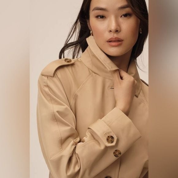 ELLEN TRACY Shirt Khaki Belted Hooded Trench Coat Sz Small