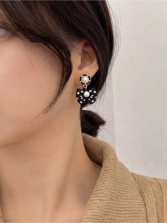 Black White Polka Dot Bow Drop Earrings with Pearl Detail