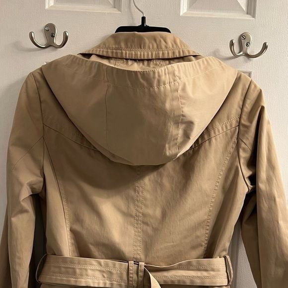 ELLEN TRACY Shirt Khaki Belted Hooded Trench Coat Sz Small