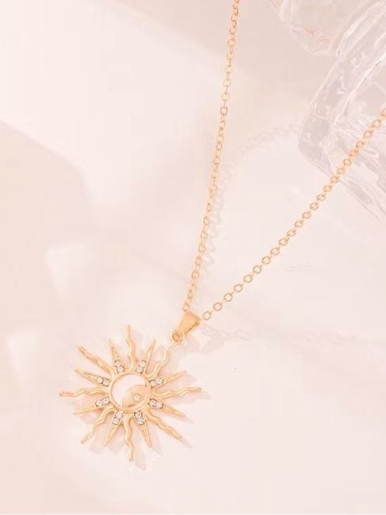 Gold Sun & Crescent Moon Pendant Necklace with Mother-of-Pearl Accent