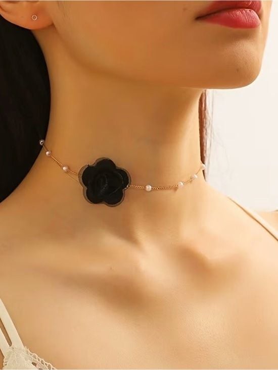 Black Flower Gold-Plated Choker Necklace with Faux Pearls and Fabric Rose
