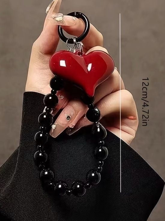 Black Beaded Keychain with Red Heart Charm - Women Accessories