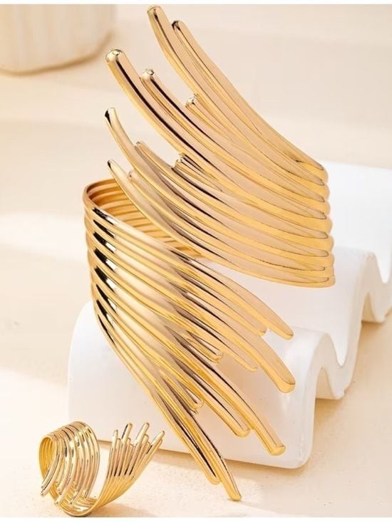 Elegant Gold Sculptural Cuff and Ring Set - Women Jewelry