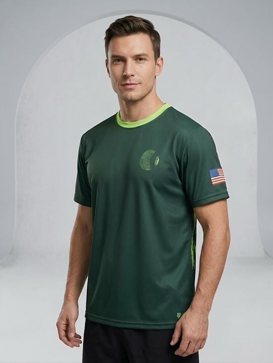 Unisex Dark Green Short-Sleeve Performance Shirt with Lime Flag Graphic