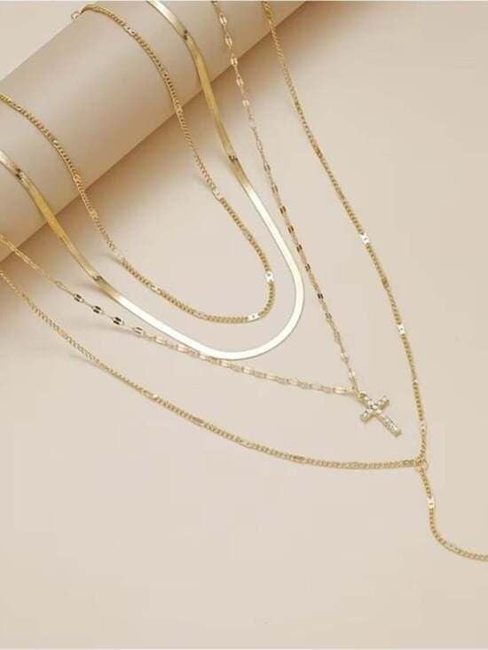 5 Pieces Gold Layered Multicolor Gemstone Cross Necklaces for Women