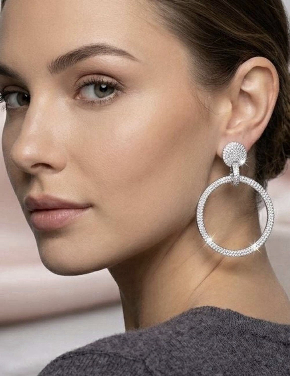 Fancy Chic Silver Crystal Hoop Drop Earrings - Sparkling Silver Statement