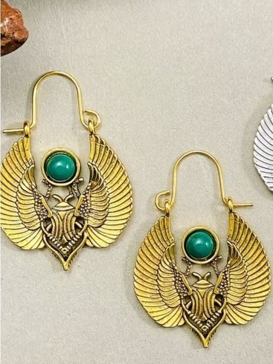 Gold Winged Scarab Earrings with Green Gemstone - Women Jewelry