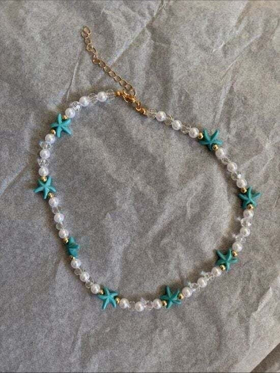 Turquoise Flower & Pearl Beaded Choker Necklace