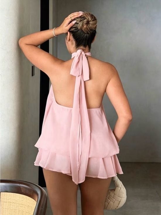 High-Neck Pink Mini Dress - Elegant Halter Mini Small