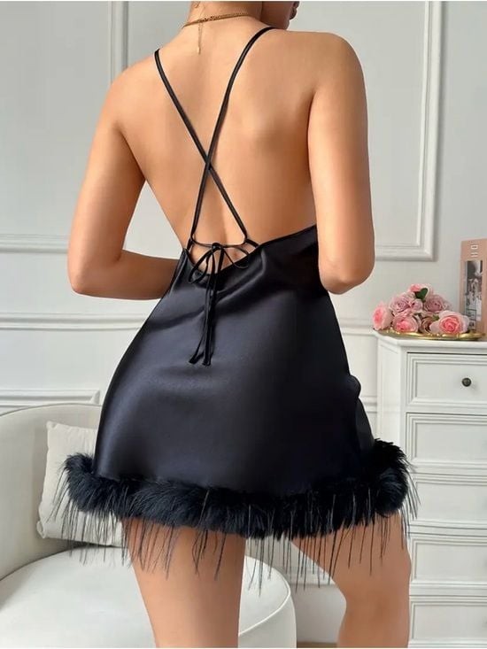 Black Feather Trim Satin Chemise - Women Intimates Medium