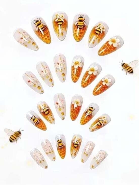 Bee Honeycomb Press-On Nails - Yellow & White Floral Set