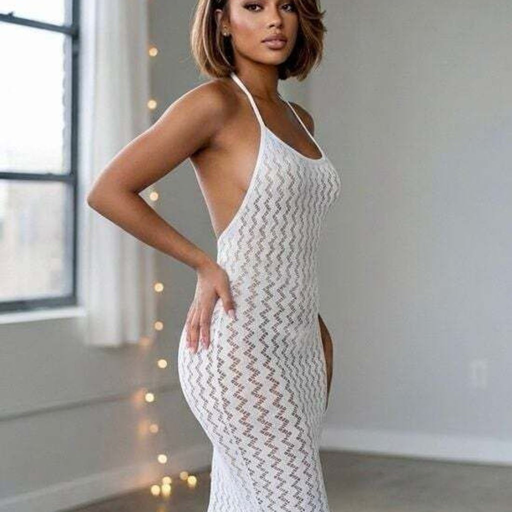 White Crochet Midi Dress with Halter Neck OS