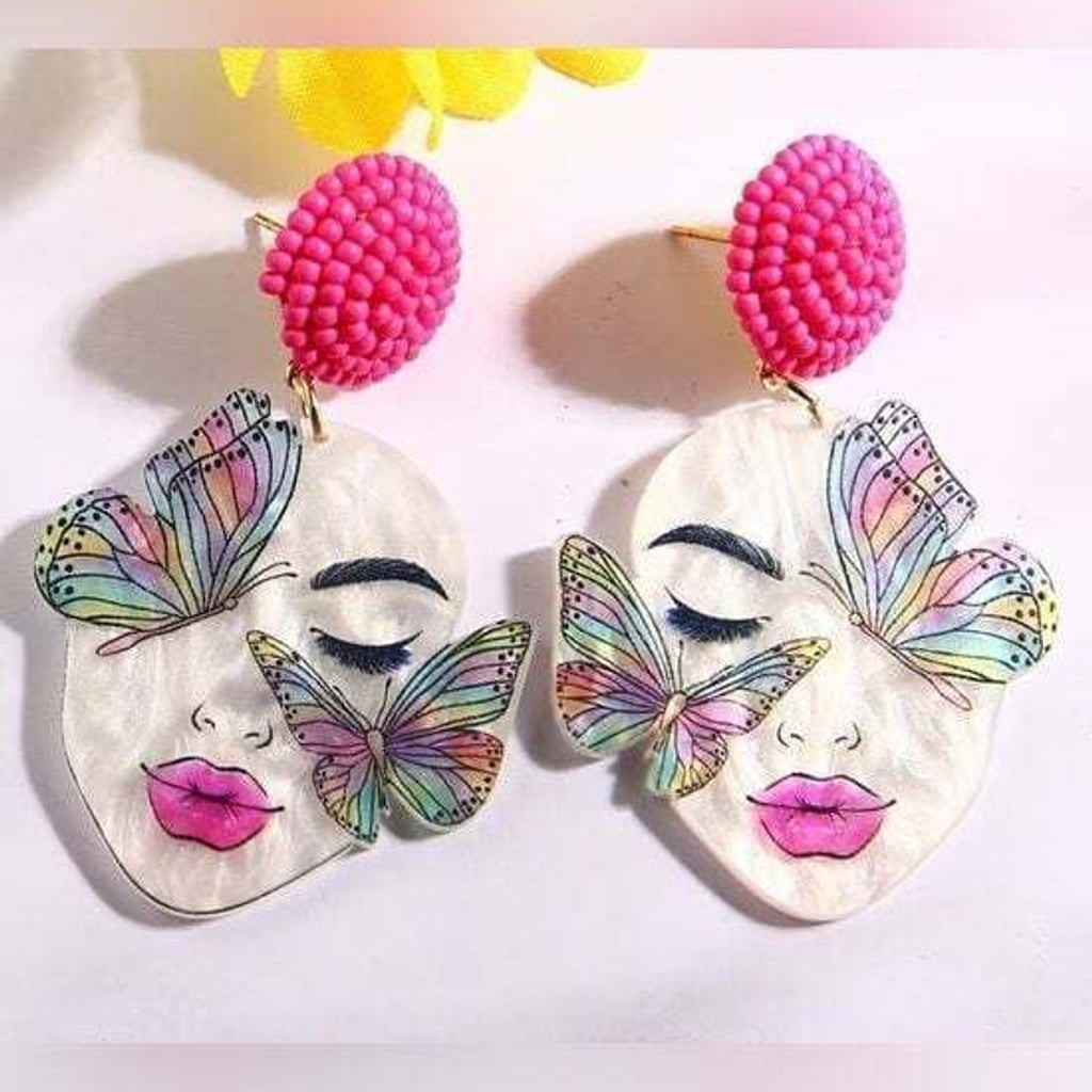 Hot Pink Beaded Butterfly Face Drop Earrings - Women Jewelry