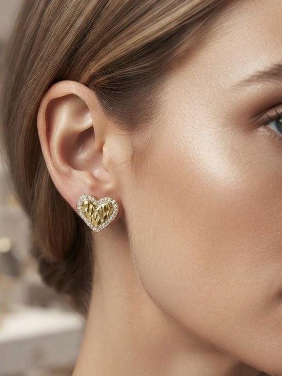 Gold Heart Crystal Halo Stud Earrings - Women's Fashion Jewelry