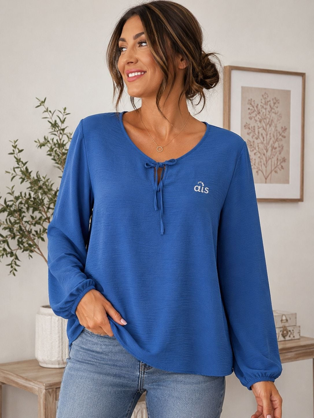 AIS Women's Blue Long-Sleeve Tie-Neck Top Sz L
