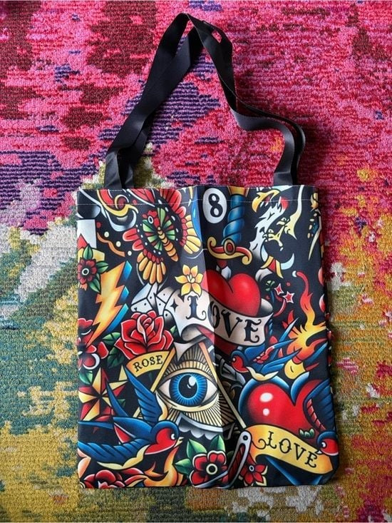 Tattoo-Style Black Multi Tote Bag with Heart & Rose Motifs