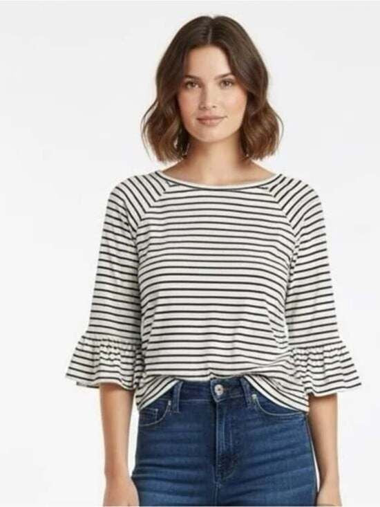 Rafaella Black White Striped Boatneck Bell Sleeve Blouse Top Sz L Small