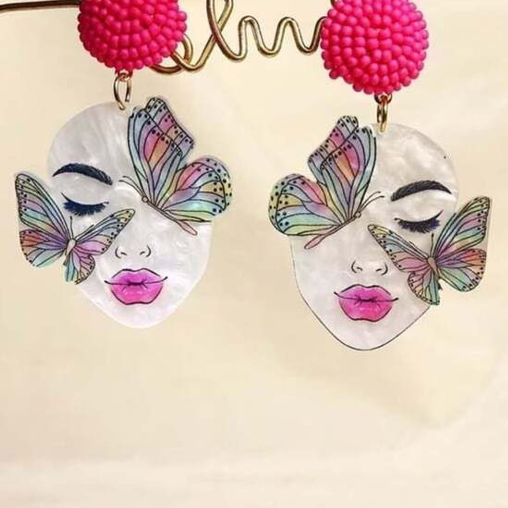 Hot Pink Beaded Butterfly Face Drop Earrings - Women Jewelry