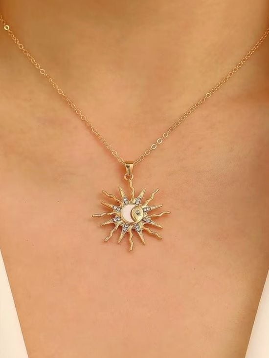 Gold Sun & Crescent Moon Pendant Necklace with Mother-of-Pearl Accent