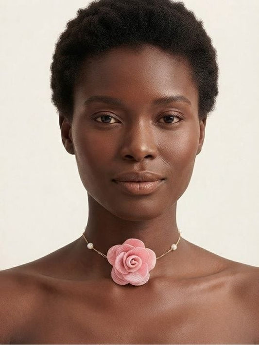 Gold-Plated Choker Necklace with Faux Pearls and Fabric Rose