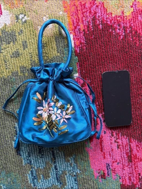 Teal Satin Drawstring Floral Embroidered Women's Handbag