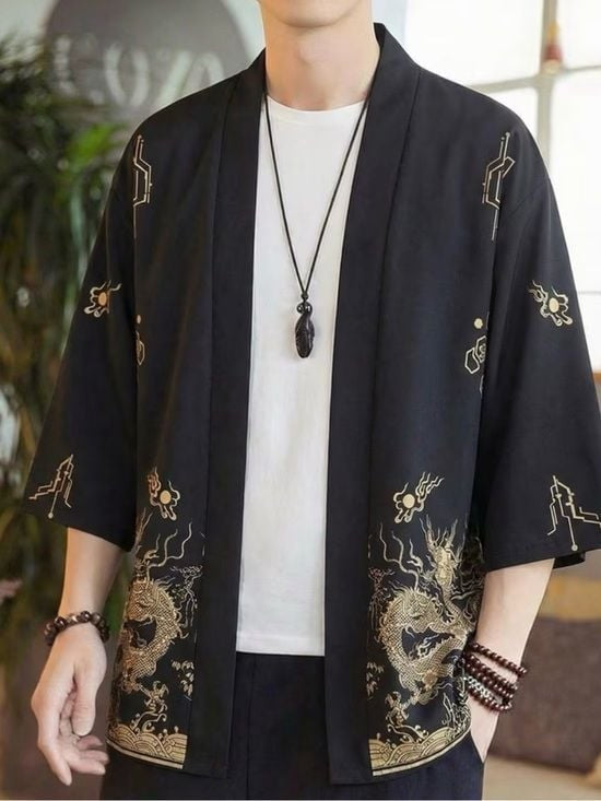 Black Dragon Printed Kimono Jacket Medium