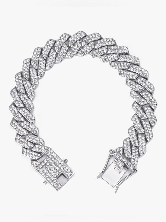 Men's Cuban Link Bracelet in Silver with Pavé Crystals