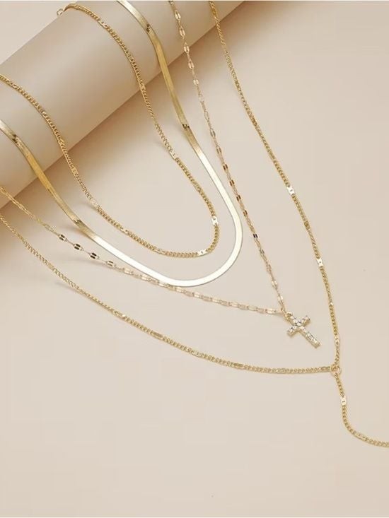 5 Pieces Gold Layered Multicolor Gemstone Cross Necklaces for Women