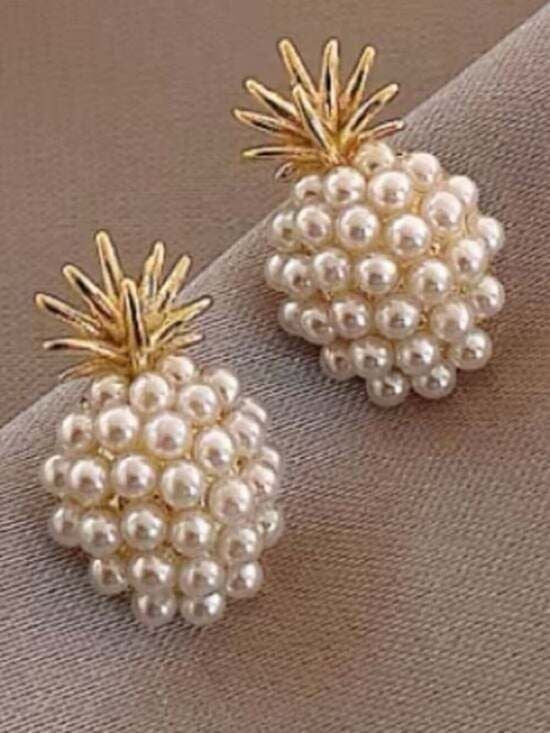 Gold & Pearl Mini Pineapple Stud Earrings - Women Jewelry