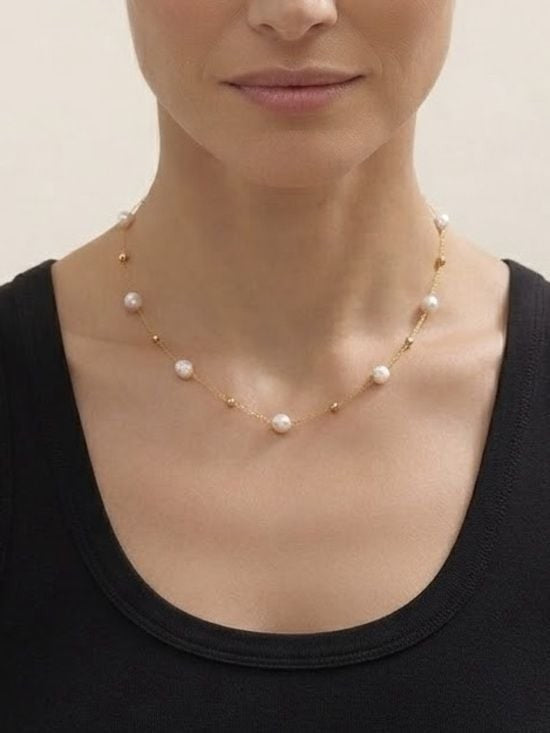 Gold Chain Pearl Station Necklace - Women Jewelry