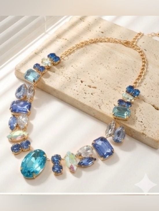Statement Crystal Necklace in Blue and Aqua Tones