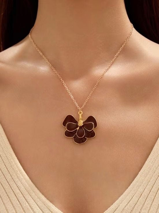 Gold-Plated Statement Necklace with Enamel Flower Pendant