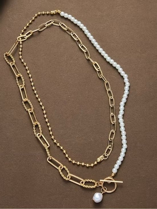 Gold Pearl Toggle Layered Necklace - Unbranded