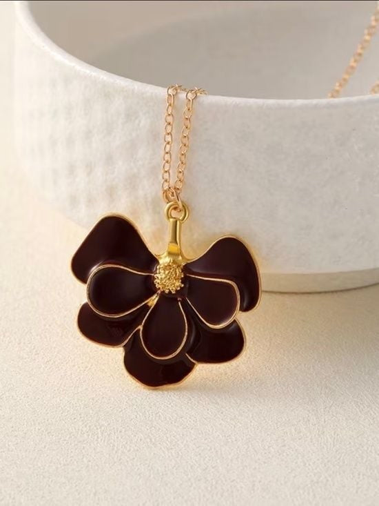 Gold-Plated Statement Necklace with Enamel Flower Pendant