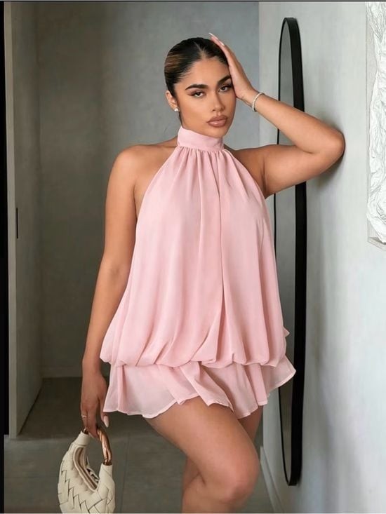 High-Neck Pink Mini Dress - Elegant Halter Mini Small