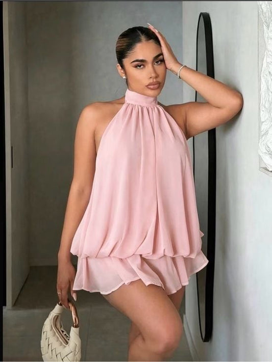 High-Neck Pink Mini Dress - Elegant Halter Mini Small