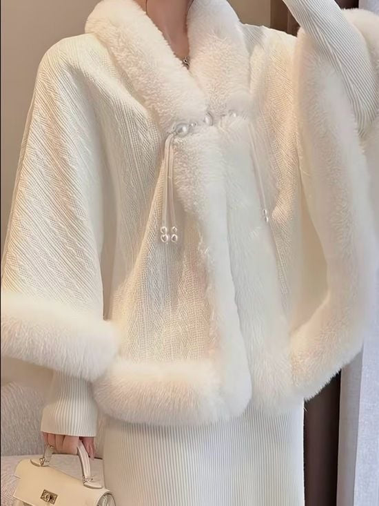 White Faux Fur Trim Cape Coat | Elegant Winter Wrap | One Size