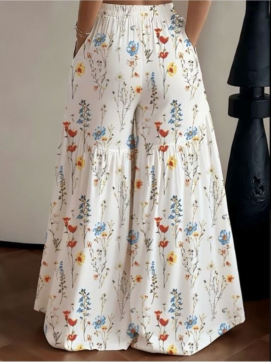 Floral Wide-Leg Palazzo Pants in Cream Small
