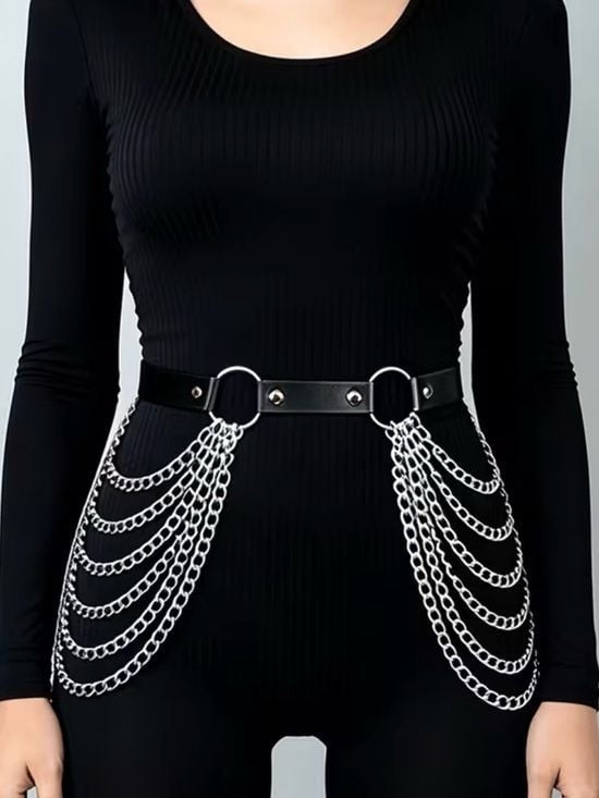 Black Faux-Leather Chain Hip Belt with Silver Rings