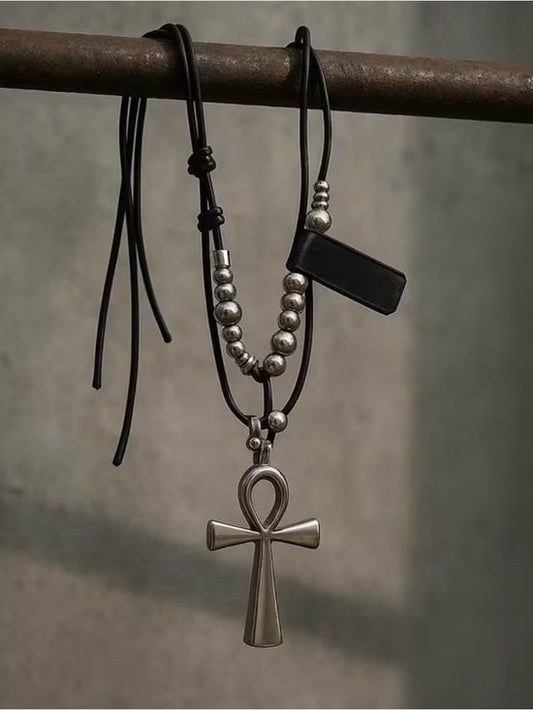 Black Leather Cord Necklace with Silver Ankh and Bead Accents