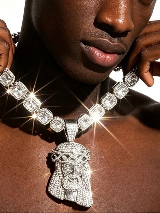 Jesus Face Pendant Necklace with Crystal Cuban Link Chain Big Jewelry Co