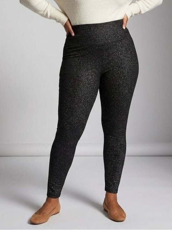 Terra & Sky Black Glitter High-Rise Fitted Leggings Sparkle Black Size 14w 0X
