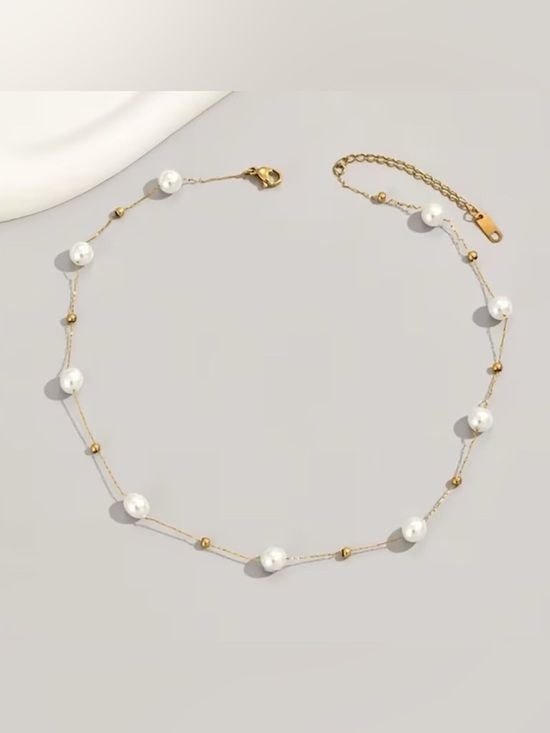 Gold Chain Pearl Station Necklace - Women Jewelry