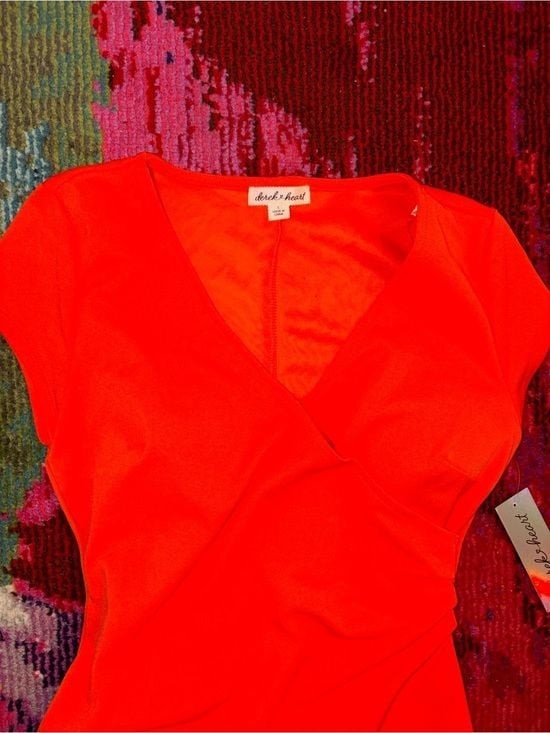 Derek Heart Bright Orange Asymmetrical Surplice Dress Small