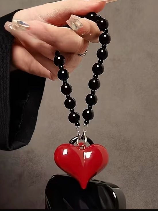 Black Beaded Keychain with Red Heart Charm - Women Accessories