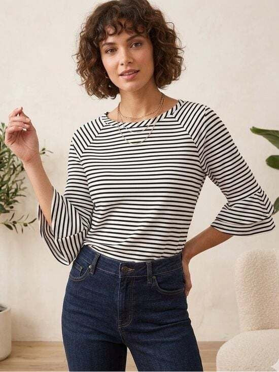 Rafaella Black White Striped Boatneck Bell Sleeve Blouse Top Sz L Small