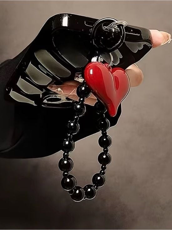 Black Beaded Keychain with Red Heart Charm - Women Accessories